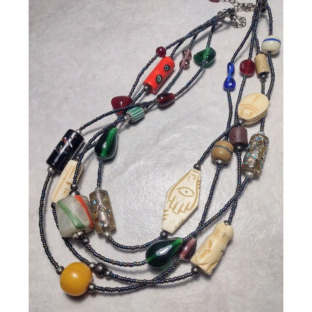 Art Glass Trade Beads Carved Scarab Cane Glass Beaded Statement Necklace